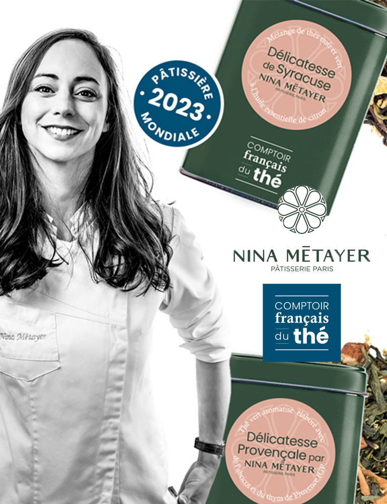 Slide "Nina Metayer" avec tampon "Pâtissière mondiale 2023" et détourage de 2 thés