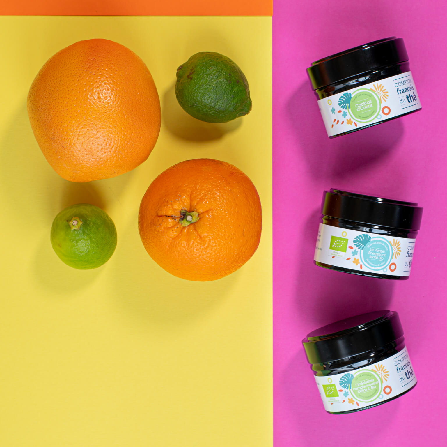 vue hauteur feuilles colorees fruits trois boites metal irresistible pamplemousse bio detox verger energisant mate bio cocktail orient