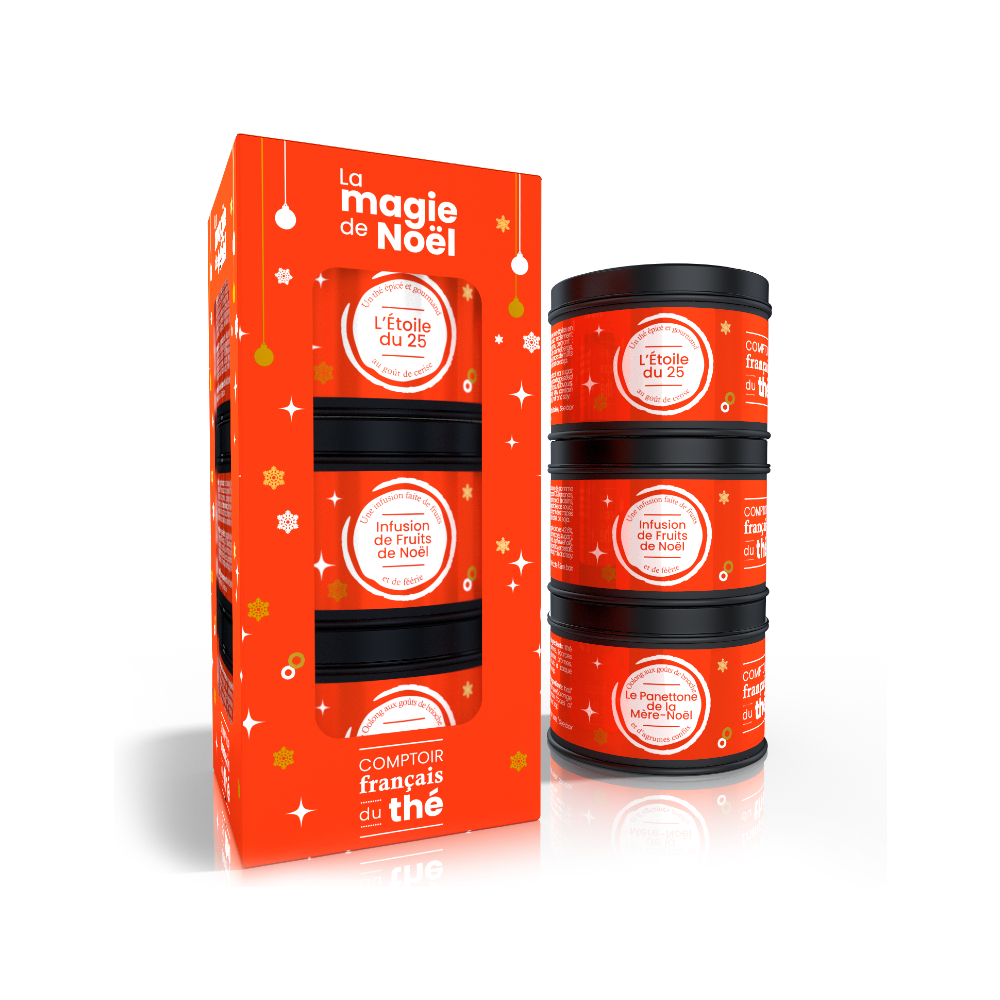 coffret magie noel trois boites metal the epice etoile infusion fruits noel oolong panettone mere noel