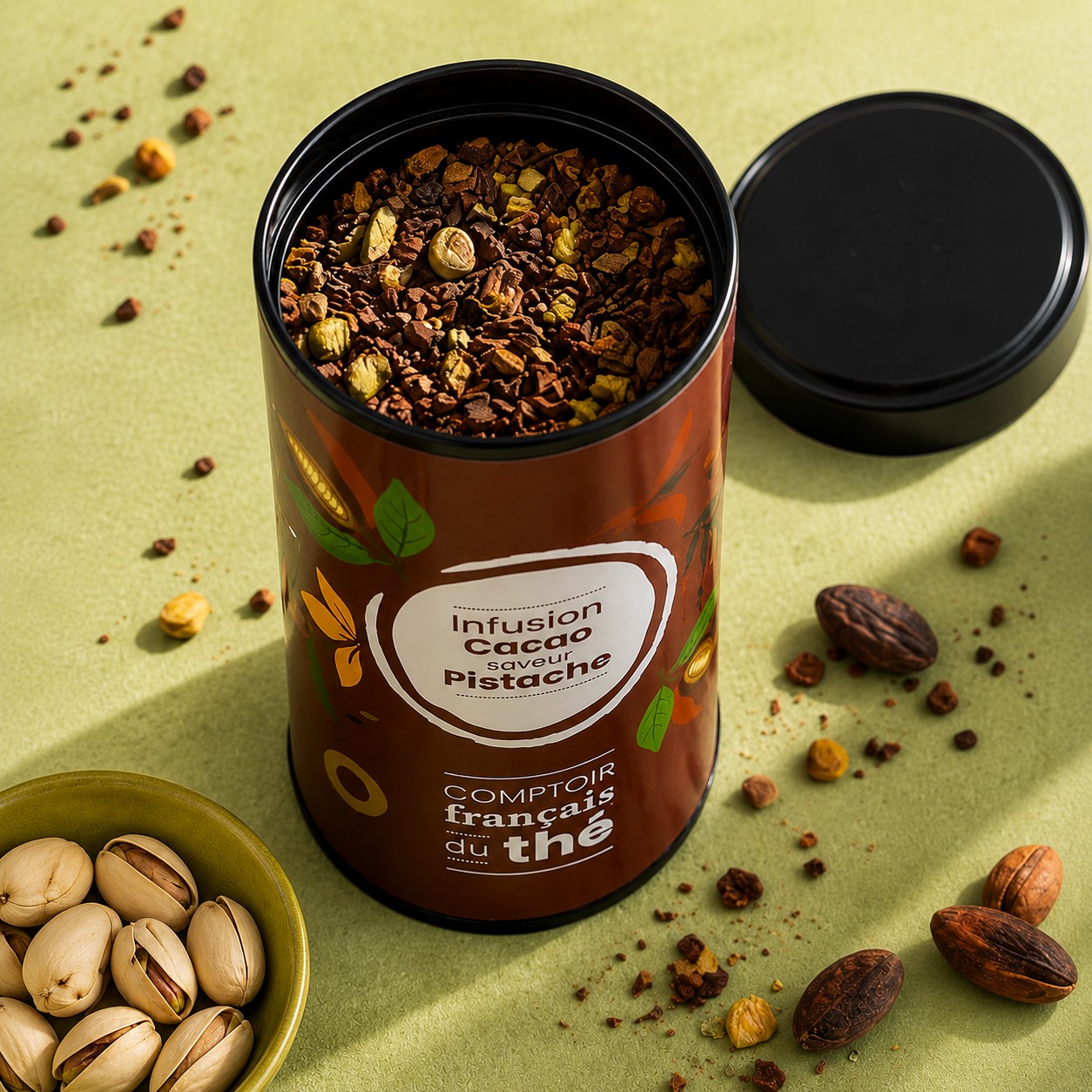 boite metal infusion cacao pistache pose table eclats