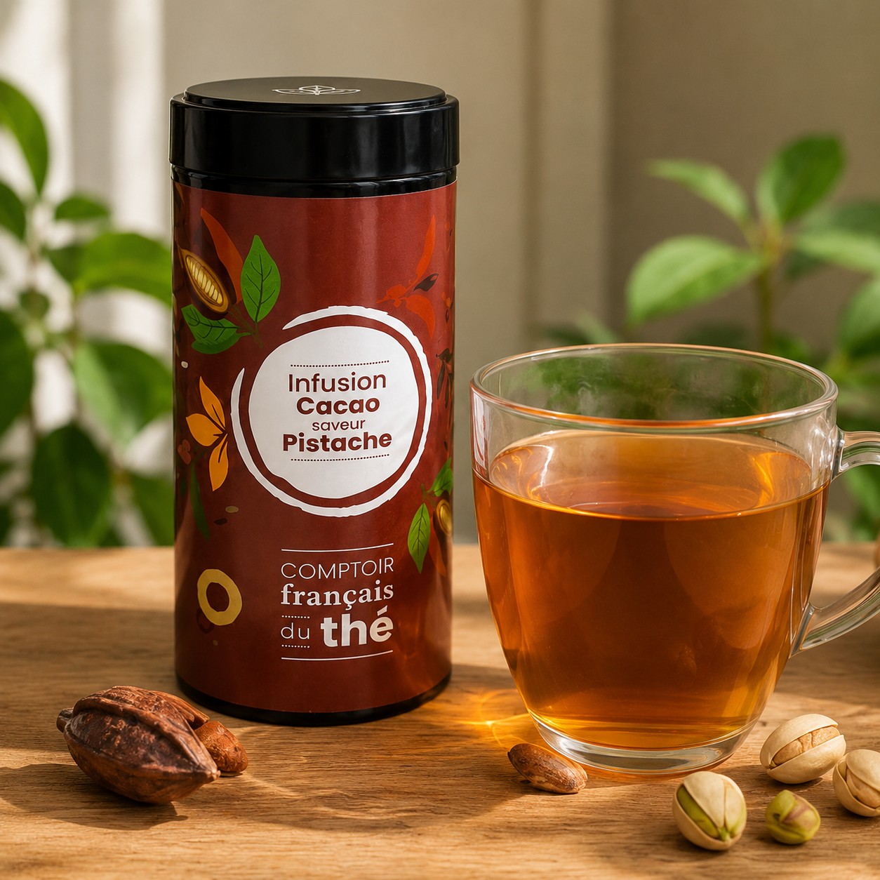 boite metal infusion cacao pistache pose table eclats